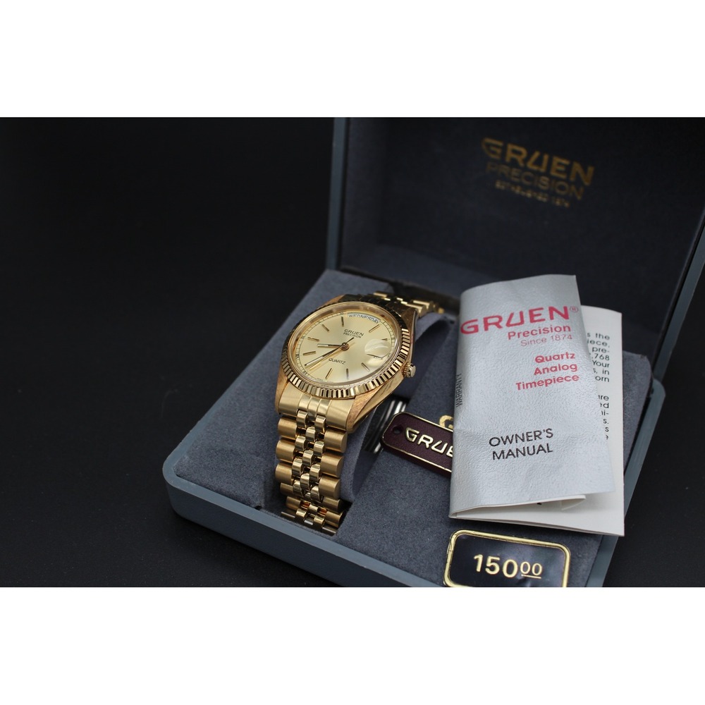 NOS Gruen Precision Quartz Day Date 36mm Box Papers Gold Tone Runs